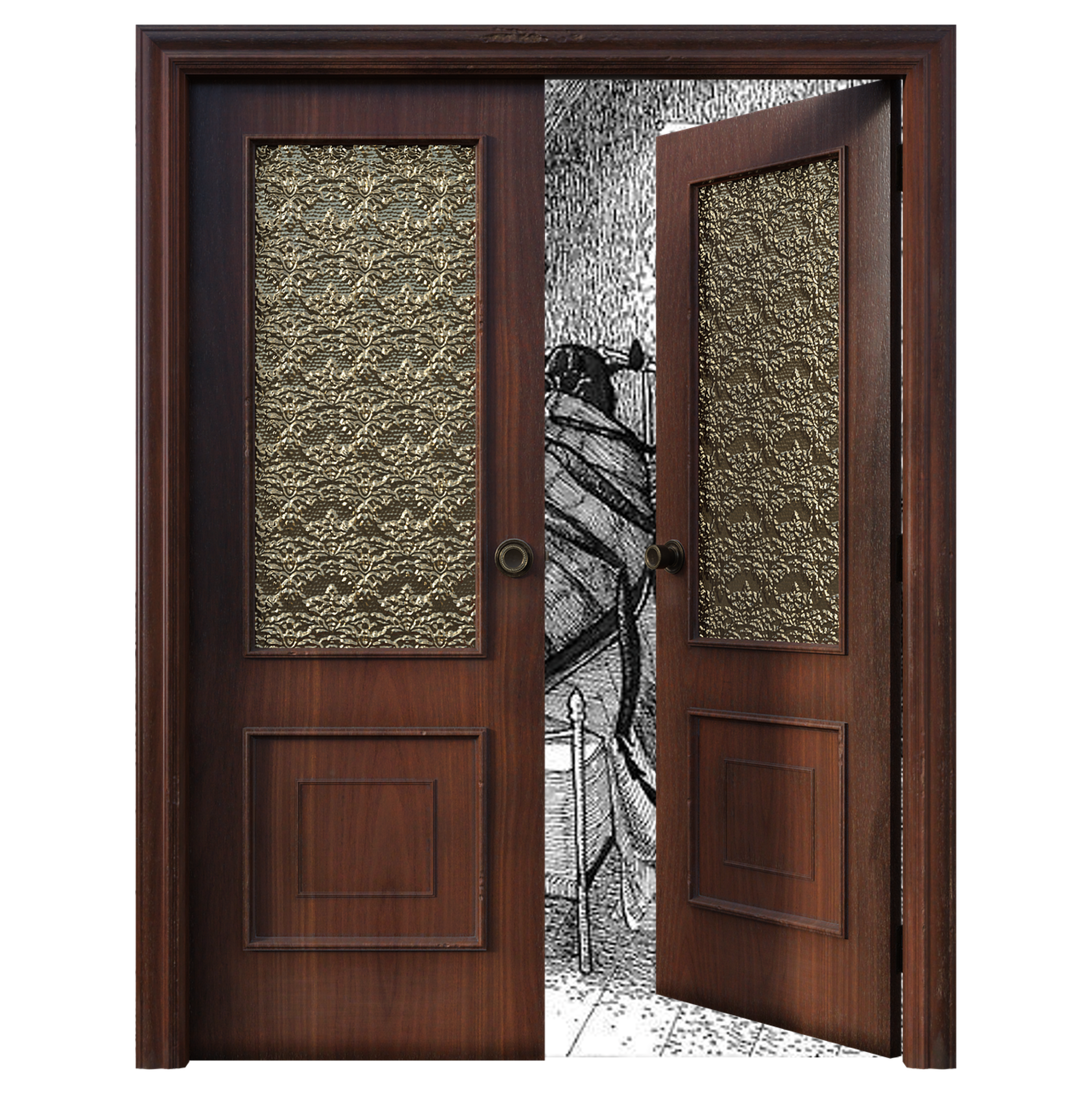 A set of antique wooden double doors slightly ajar to reveal an illustration of a bug in bed from Kafka's Metamorphosis