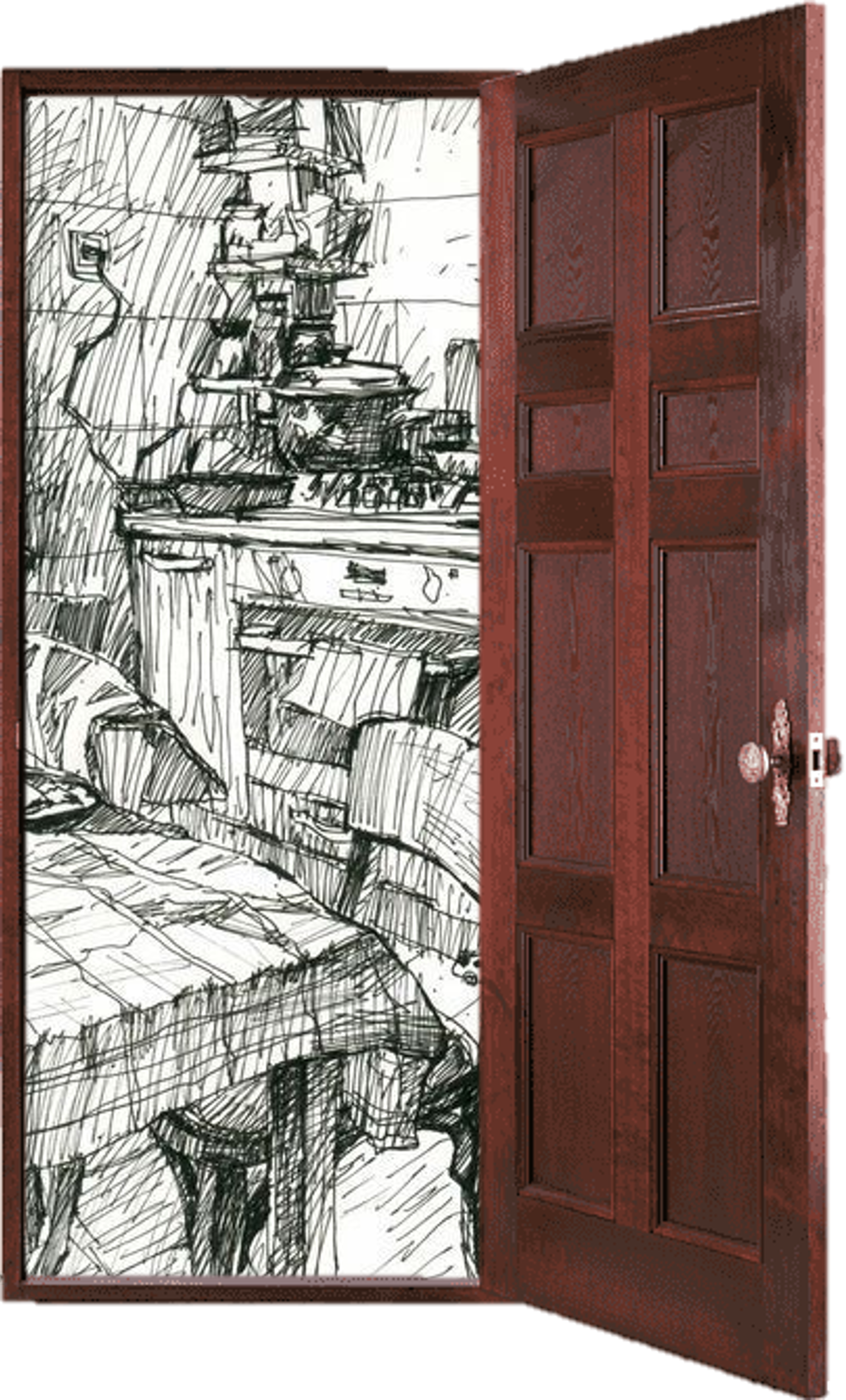 An open wooden door revealing an ink illustration of a kitchen