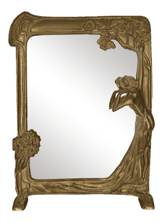 An art nouveau style metal mirror featuring the image of a woman admiring herself in the glass